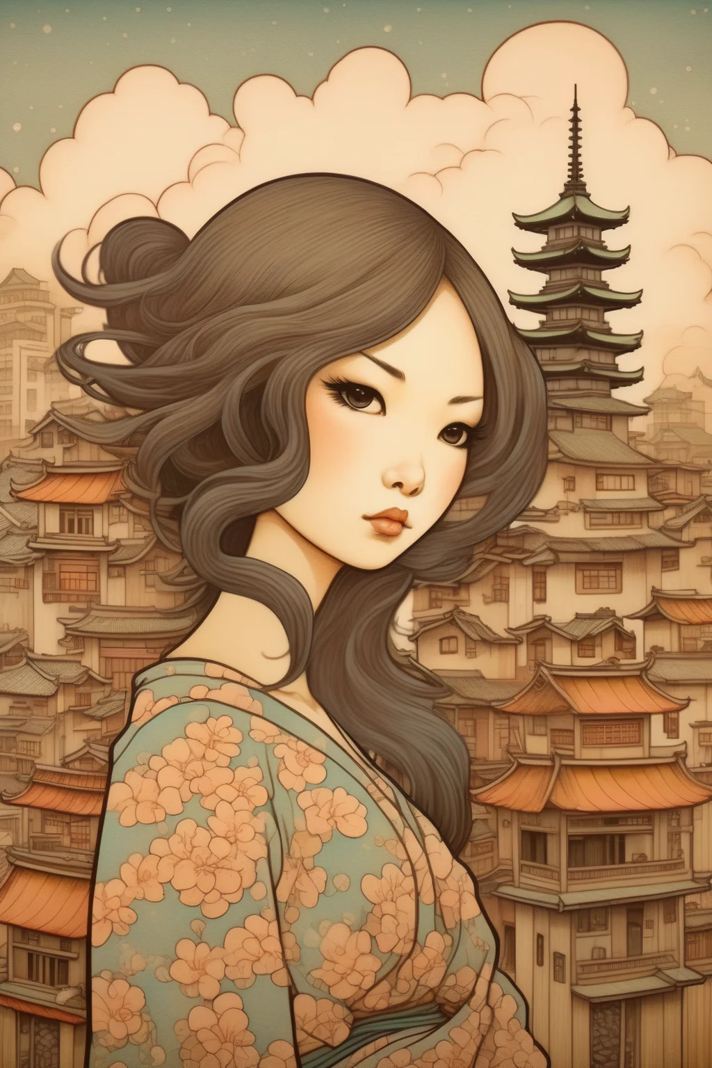 <lora:Audrey Kawasaki Style:1>Audrey Kawasaki Style - create image of old and majestic Japanese city in the style of Audrey kawasaki