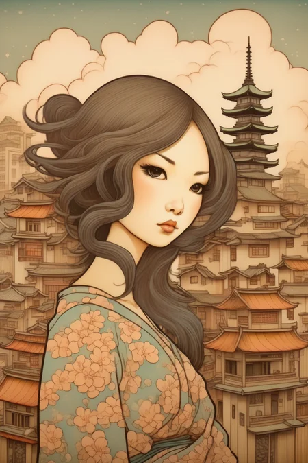 <lora:Audrey Kawasaki Style:1>Audrey Kawasaki Style - create image of old and majestic Japanese city in the style of Audrey kawasaki