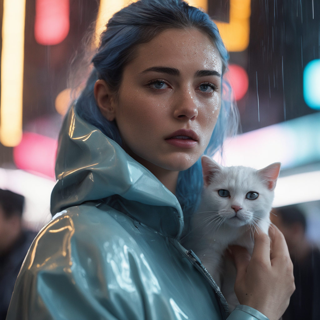 RAW photo, (photo flash:1.5) (fashion photography) (pictorialist style), fashion shot, realistic photo style, sharp focus,
(full body shot) of a 20 yo girl with ice blue hair in future clothes, angry or crying and sad looking, tearful and open-mouthed, reveal sorrow, open mouth, teary, tear, sorrow, crying, transparent liquid, water tears, glass tears, cute face, eye level, focus on eyes,
she ist wearing a sleek metallic jumpsuit with holographic accents, LED-lit seams, form-fitting silhouette, iridescent fabric, touch-responsive panels, adaptive color-changing, avant-garde asymmetry, integrated tech accessories, gravity-defying drapes, translucent mesh inserts, biomimetic textures, 3D-printed details, energy-efficient materials, microfiber sensors, minimalist cutouts, modular layering, neural interface compatibility, solar-charging capabilities
She is holding a white cat, rain, (wet fur:1.2), water droplets, puddles, drenched, shimmering, damp paws, misty air, whiskers glistening, gray skies, reflective eyes, soggy whiskers, damp nose, fur clinging, splashing, damp coat, rainy day, water-soaked, watery world
photo location is a night scene from blade runner movie: moviestill, (bright dazzling neon lights:1.3), futuristic skyline, neon-lit alleys, rain-soaked pavement, towering skyscrapers, gritty urban sprawl, synthetic humans, bustling crowds, holographic billboards, flying vehicles, dimly lit shops, cyberpunk aesthetics, dystopian atmosphere, steamy vents, flickering lights, androids in shadows, moody reflections, artificial intelligence, techno-noir setting, dark mysteries, urban decay, rain-slicked streets, augmented reality, electronic hum, metropolitan dystopia, eerie silence, urban isolation, polluted skies, neon glow, tech-enhanced crime, melancholic undertones, enigmatic figures, uncertain future, digital billboards, glimmering advertisements, corporate dominance, haunting alleys, tech noir ambiance, abandoned corners, cybernetic implants, forbidden desires, existential questions, artificial lifeforms, ethereal music, looming architecture
dappled light on face, pale skin, no make-up, detailed face and eyes, natural skin texture, (highly detailed skin:1.1), (textured skin:1.1), (skin pores:1.1), (oiled shiny skin:0.5), (skin blemish:1.2), (imperfect skin:1.1), intricate skin details, visible skin detail, detailed skin texture, detailed eyes, round iris, remarkable detailed pupils, light reflections in her eye, visible cornea, highly detailed iris, tiny blood vessels in the eye, small freckles, wrinkles, pimples,  beauty spot, <lora:polyhedron_all_sdxl-000004:0.7>
celluloid's unique character, film grain, (no depth of field:1.5), movie shot with (panavision panaflex gold camera:1.1) on (celluloid:1.2), shot by ridley scott, shot by Denis Villeneuve, best quality, masterpiece, ultra high res, (photorealistic:1.4), 8K raw photo, professional photography, award winning photo, ((light)) photography