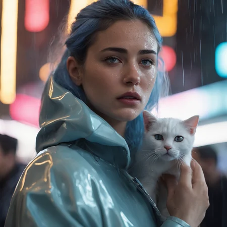 RAW photo, (photo flash:1.5) (fashion photography) (pictorialist style), fashion shot, realistic photo style, sharp focus,
(full body shot) of a 20 yo girl with ice blue hair in future clothes, angry or crying and sad looking, tearful and open-mouthed, reveal sorrow, open mouth, teary, tear, sorrow, crying, transparent liquid, water tears, glass tears, cute face, eye level, focus on eyes,
she ist wearing a sleek metallic jumpsuit with holographic accents, LED-lit seams, form-fitting silhouette, iridescent fabric, touch-responsive panels, adaptive color-changing, avant-garde asymmetry, integrated tech accessories, gravity-defying drapes, translucent mesh inserts, biomimetic textures, 3D-printed details, energy-efficient materials, microfiber sensors, minimalist cutouts, modular layering, neural interface compatibility, solar-charging capabilities
She is holding a white cat, rain, (wet fur:1.2), water droplets, puddles, drenched, shimmering, damp paws, misty air, whiskers glistening, gray skies, reflective eyes, soggy whiskers, damp nose, fur clinging, splashing, damp coat, rainy day, water-soaked, watery world
photo location is a night scene from blade runner movie: moviestill, (bright dazzling neon lights:1.3), futuristic skyline, neon-lit alleys, rain-soaked pavement, towering skyscrapers, gritty urban sprawl, synthetic humans, bustling crowds, holographic billboards, flying vehicles, dimly lit shops, cyberpunk aesthetics, dystopian atmosphere, steamy vents, flickering lights, androids in shadows, moody reflections, artificial intelligence, techno-noir setting, dark mysteries, urban decay, rain-slicked streets, augmented reality, electronic hum, metropolitan dystopia, eerie silence, urban isolation, polluted skies, neon glow, tech-enhanced crime, melancholic undertones, enigmatic figures, uncertain future, digital billboards, glimmering advertisements, corporate dominance, haunting alleys, tech noir ambiance, abandoned corners, cybernetic implants, forbidden desires, existential questions, artificial lifeforms, ethereal music, looming architecture
dappled light on face, pale skin, no make-up, detailed face and eyes, natural skin texture, (highly detailed skin:1.1), (textured skin:1.1), (skin pores:1.1), (oiled shiny skin:0.5), (skin blemish:1.2), (imperfect skin:1.1), intricate skin details, visible skin detail, detailed skin texture, detailed eyes, round iris, remarkable detailed pupils, light reflections in her eye, visible cornea, highly detailed iris, tiny blood vessels in the eye, small freckles, wrinkles, pimples, beauty spot, <lora:polyhedron_all_sdxl-000004:0.7>
celluloid's unique character, film grain, (no depth of field:1.5), movie shot with (panavision panaflex gold camera:1.1) on (celluloid:1.2), shot by ridley scott, shot by Denis Villeneuve, best quality, masterpiece, ultra high res, (photorealistic:1.4), 8K raw photo, professional photography, award winning photo, ((light)) photography