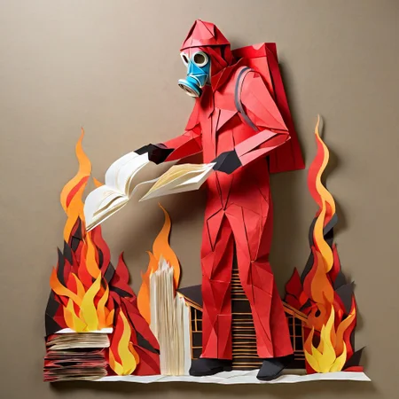 Origami, paper craft, A paper man in a red paper flameproof suit and gas mask is using a paper flamethrower shooting ((photorealistic flames)), setting a building made of book pages on photorealistic fire, Layered PaperCutout style <lora:sdxl-PaperCutouts-Dreambooh:1>, Very detailed, clean, high quality, sharp image