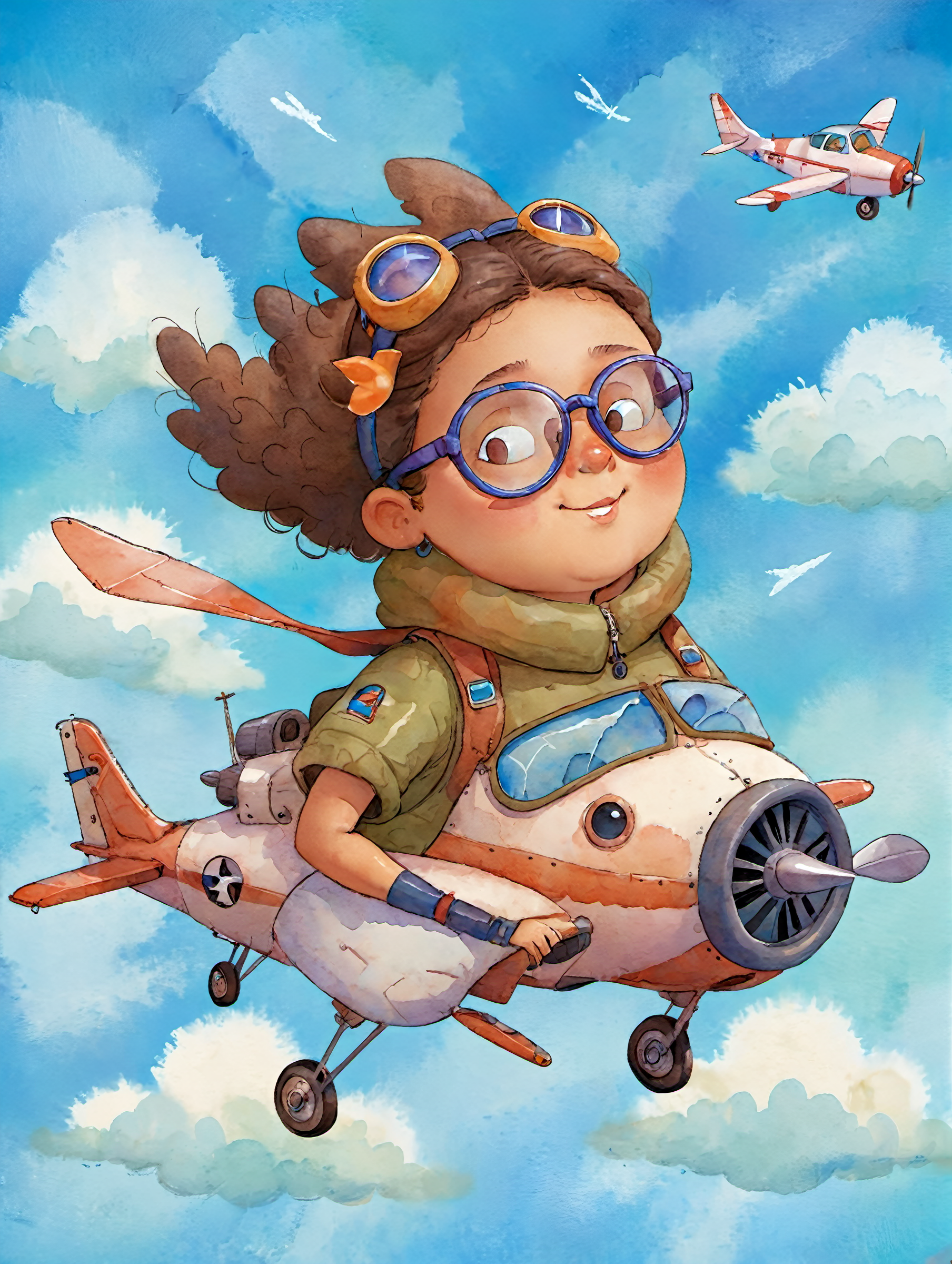 portrait of a big girl,child,flying on a tiny plane,wearing aviator glasses,blue sky,clouds,<lora:adilson-farias-sdxl-v1:0.7>,a painting,in the style of adilson-farias,detailed face,happy,