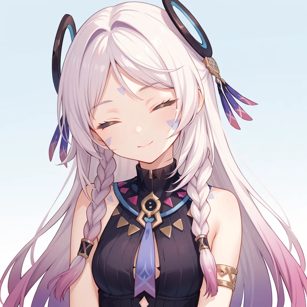 score_9, score_8_up, score_7_up, anime source, simple background, smile, head tilt, closed eyes, closed mouth,
1girl, citlali, braid, gradient hair, long hair, mark,
<lora:citlali_pony_v1:0.7>