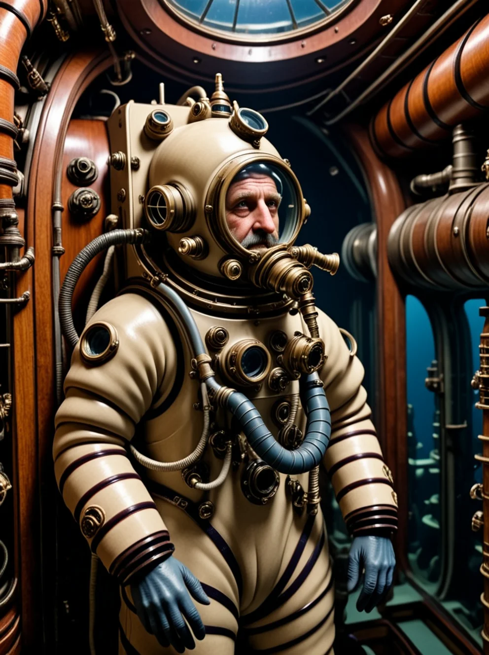 photo focus on science fiction solo focus, indoors, biik stack, engineering room, hallwat, realistic scenery, (character captain nemo:1.1), spacesuit diving suit , holding gas mask, looking at viewer , close-up, arch, chair, loaded <lora:Nautilus:.85>, space.diving.suit. juliet sleeves, nautilus-style. very wide shot, beige, wooden wall, helmet, film, professional, 4k, highly detailed