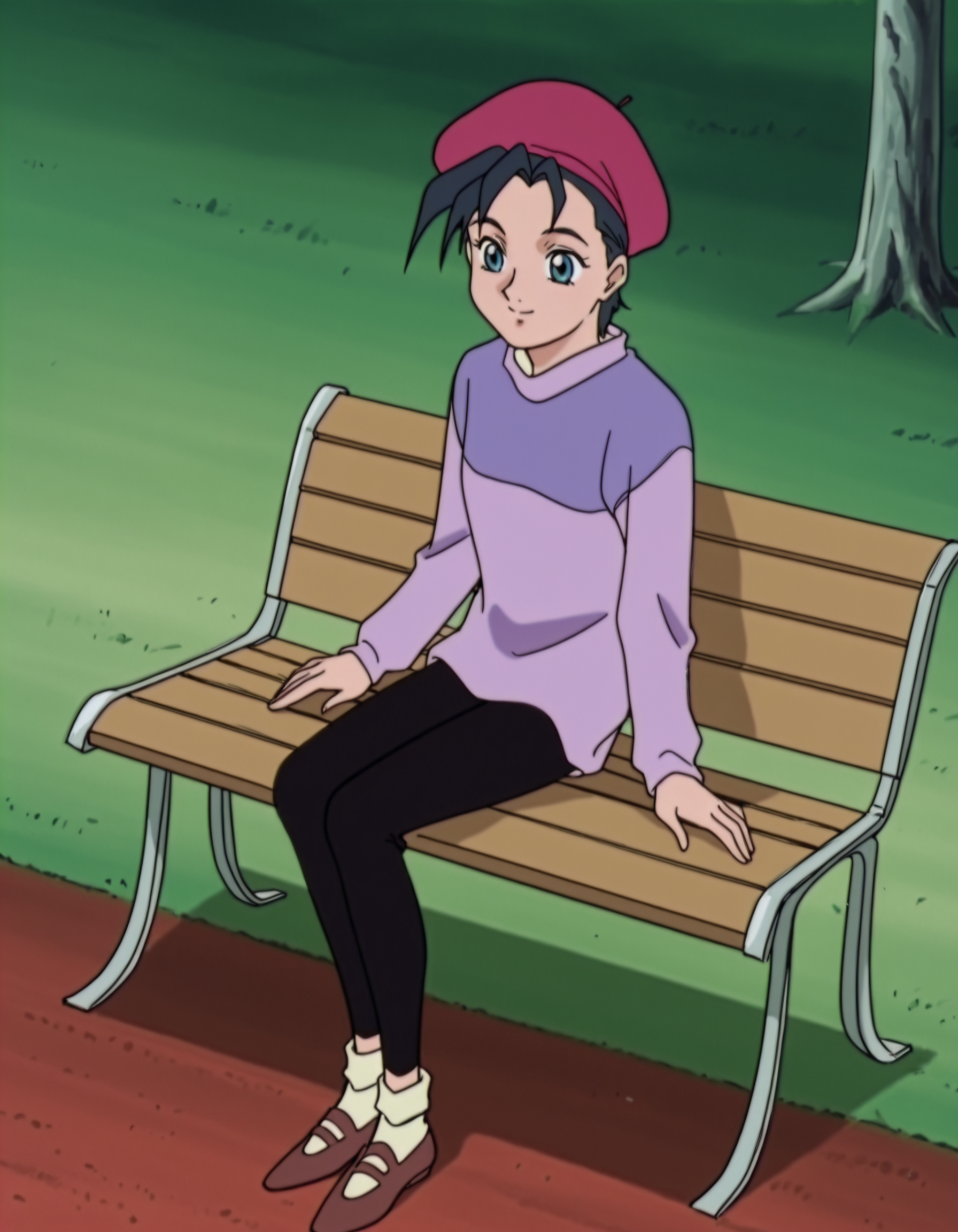 <lora:HildeSchbeikerGundamWingIllustrious1.0JLFO:1> hilde, 1girl, 1990s, retro artstyle, black hair, solo, short hair, blue eyes, beret, purple sweater, smile,black pants, brown footwear,park, park bench, sitting,