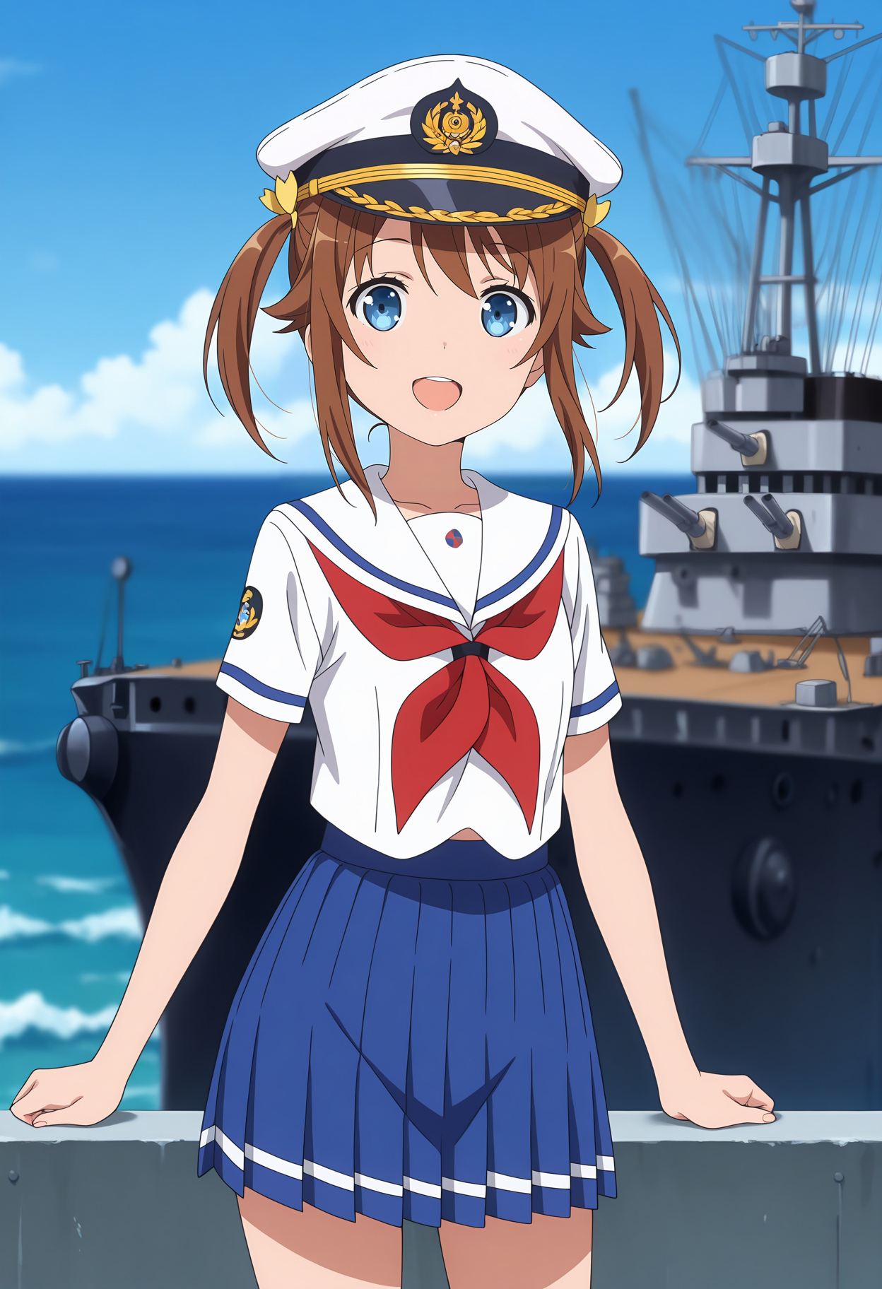 anime screencap, masterpiece, best quality,
<lora:HighSchoolFleet_MisakiAkeno_IlluXL:0.9>,
1girl, solo, open mouth, smile,
short twintails, brown hair, blue eyes,
sailor hat, white sailor collar, white shirt, red neckerchief, short sleeves, pleated skirt, blue skirt,
standing, looking at viewer, cowboy shot,
horizon, dock, outdoors, battleship, warship, blue sky, blurry background