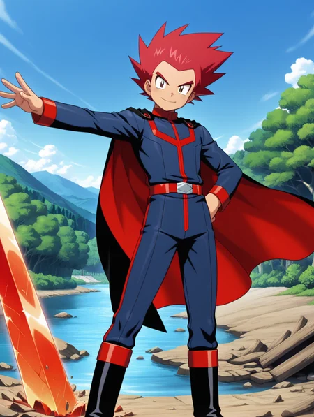 masterpiece, best quality, amazing quality, highres, ultra-detailed, anime screencap, detailed skin, shiny skin, more detail XL, simple background, BREAK, outdoors, simple background, sky, riverside, very aesthetic, perfect anatomy, perfect proportions, BREAK, solo, male focus, wataru_gs, red hair, spiked hair, brown eyes, swept-back hair, BREAK, standing, happy, stretched arms, hand on hip, upright posture, looking at viewer, BREAK, dark-blue jumpsuit, red decorative clothing, long sleeves, red hems, red belt, black footwear, boots, (boots with red strim), black and red cape