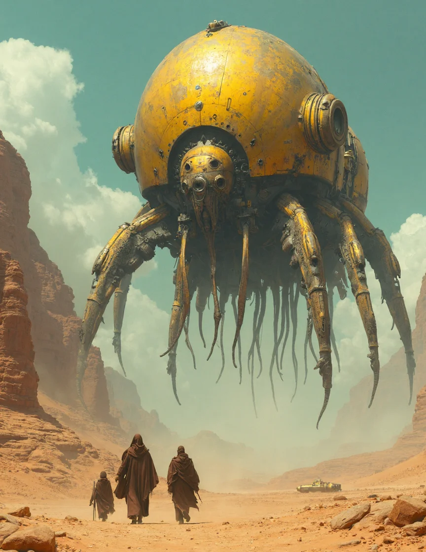 a surreal, science-fiction scene in a vast desert landscape. A massive, golden, mechanical creature hovers in the sky, resembling a gigantic, otherworldly insect or spacecraft. The body of the creature is bulbous and metallic, covered in intricate details, with tentacle-like appendages extending from beneath it. The surface is worn, suggesting age or heavy use.
In the foreground, several robed figures walk toward or observe the creature. They are dwarfed by its enormous size, emphasizing the scale of the scene. The background features rocky desert cliffs and an expansive sky, giving the impression of a distant, alien planet. The atmosphere is mysterious and futuristic, evoking a sense of awe and wonder.