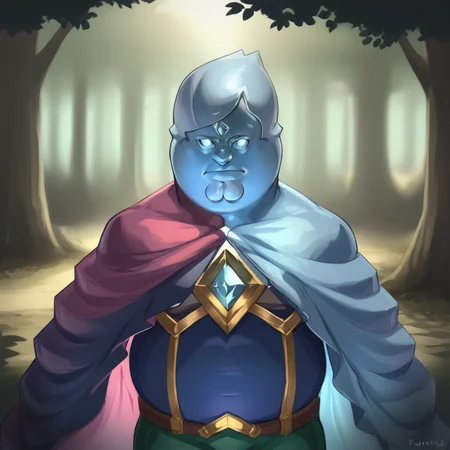 score_8_up, BREAK, 1boy, solo, Peter Griffin, <lora:PeterGriffin_iamkowai_PXL_Leaf1:1> , fi, blue skin, cape,<lora:FI_SkywardSword_XL_Leaf1v3:1>, forest, blurry background,