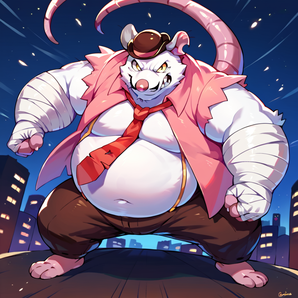 score_9, score_8_up, score_7_up, score_6_up, score_5_up, score_4_up, source_cartoon,  <lora:Camo_Breeze_In_The_Clouds_PonyXL:1> camo, rat, white skin, pink vest, tie, hat, yellow eyes, chubby, fat, action pose, city background, night time,