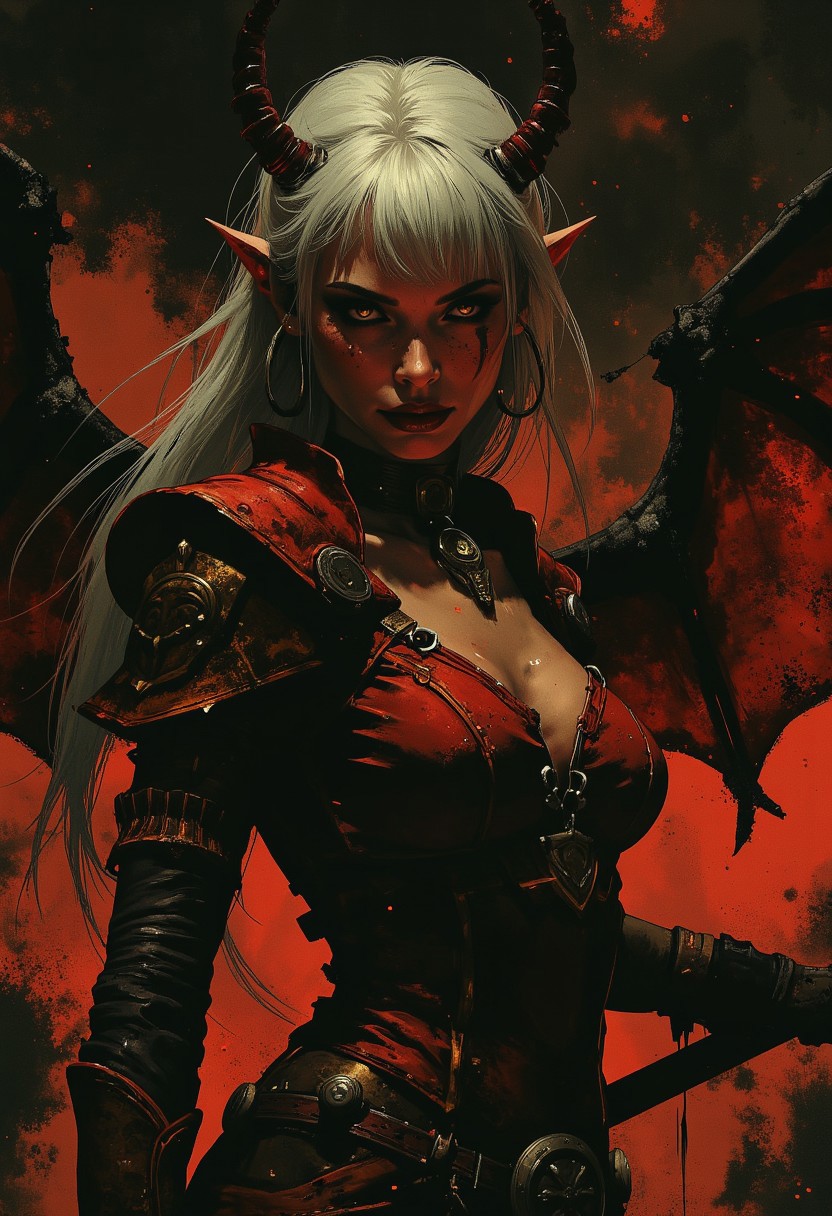 female demon, white flowing hair, bangs, red demon wings, dramatic eye make-up, red lips, sumptuous, elaborate red armour, holding huge battleaxe in both hands, glancing at viewer, chiascuro, silhouetted, closeup of face