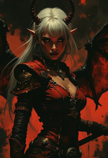 female demon, white flowing hair, bangs, red demon wings, dramatic eye make-up, red lips, sumptuous, elaborate red armour, holding huge battleaxe in both hands, glancing at viewer, chiascuro, silhouetted, closeup of face