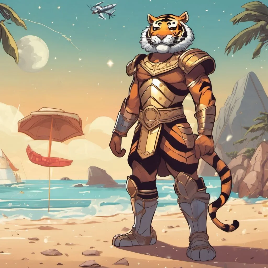 an tiger dressed as gladiator, in the middle of a beach, smiling, spaceship background <lora:sdxl_photorealistic_slider_v1:-1>