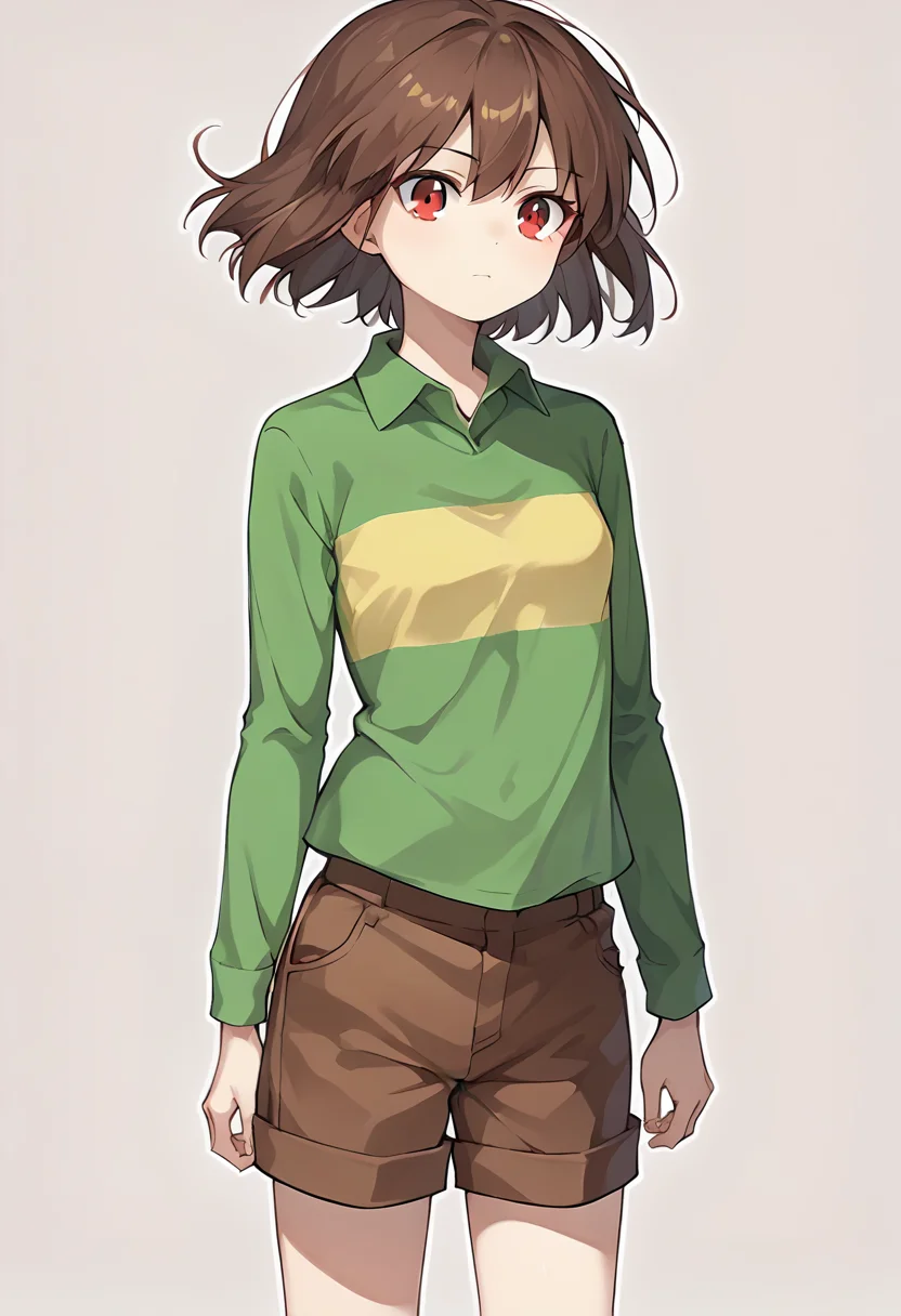 score_9, score_8_up, score_7_up, source_anime , <lora:Chara pony:0.8>, chara, 1girl, shorts, shirt, brown hair, solo, striped, collared shirt, simple background, brown shorts, long sleeves, cowboy shot, green shirt, striped shirt, red eyes, small breasts