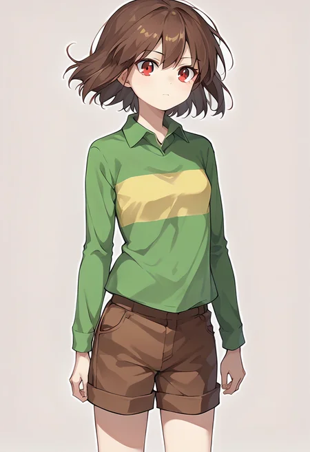 score_9, score_8_up, score_7_up, source_anime , <lora:Chara pony:0.8>, chara, 1girl, shorts, shirt, brown hair, solo, striped, collared shirt, simple background, brown shorts, long sleeves, cowboy shot, green shirt, striped shirt, red eyes, small breasts