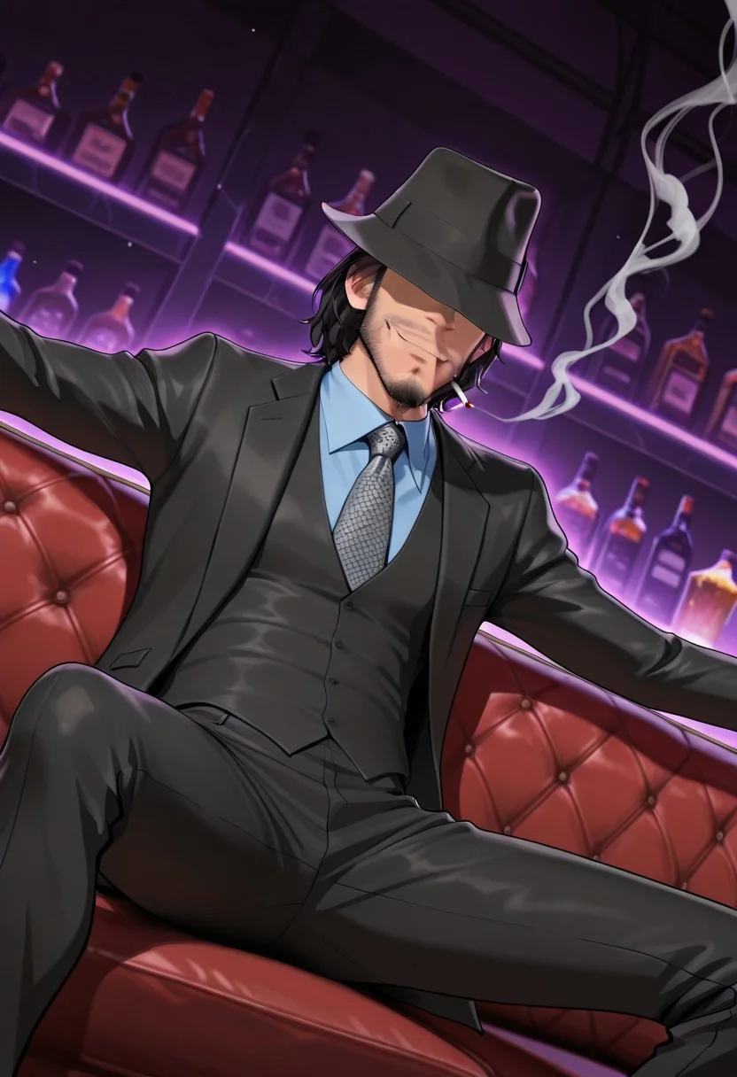 safe_pos, safe_pos, safe_pos, score_9, score_8_up, score_7_up, score_6_up, perfect anatomy, perfect proportions, best quality, masterpiece, high_resolution, high quality, best aesthetic, absurdres, highres, extremely detailed, huge filesize, solo male, adult, mature, masculine, manly, handsome, charming, alluring, standing, upper body, dutch angle, cowboy shot, perfect face, perfect eyes, source_anime \, anime coloring, Daisuke Jigeni \(Lupin III: The First\), black hair, sideburns, facial hair, stubble, chinstrap beard, jawline beard, eyeless, hidden eyes, eyes in shadow, LP3TFDaisuke_outfit01, black fedora, black three-piece suit, light blue collared shirt, necktie with a white dotted pattern, black vest, black blazer, black pants, black shoes, detail background, smoke, cigarette, cigar, mouth hold, indoors, bar, pub, night club, realxing pose, sitting on couch, spread legs, outstretched arms, hands on couch, movie still, vibrant, vivid, stardom, glamorous, extraordinary achievement, award-winning, expressionist, cinematic still, emotional, harmonious, vignette, bokeh, cinemascope, moody, epic, gorgeous