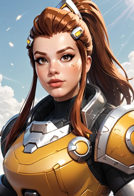 PonyXLV6_Scores,source_anime,masterpiece,best quality, highly detailed,cinematic,unity 8k wallpaper, amazing quality, masterpiece, best quality,  UHD, perfect anatomy,
BREAK
<lora:brig:0.8>brigitte,1girl, solo, freckles, brown hair, hair pulled back, ponytail, armor, upper body, brown eyes, long hair, power armor, sidelocks