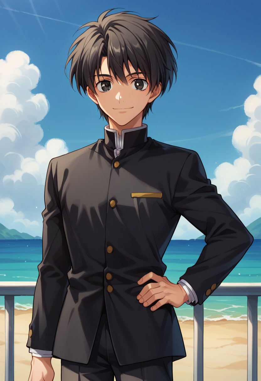 score_9, score_8_up, score_7_up, source_anime, highly detailed,
YuriShibuya, solo, 1boy, male focus, school uniform, gakuran, black hair, upper body, long sleeves, standing, pants, hand on hip, looking at viewer,
black eyes, black pants, smile
outdoor, sky