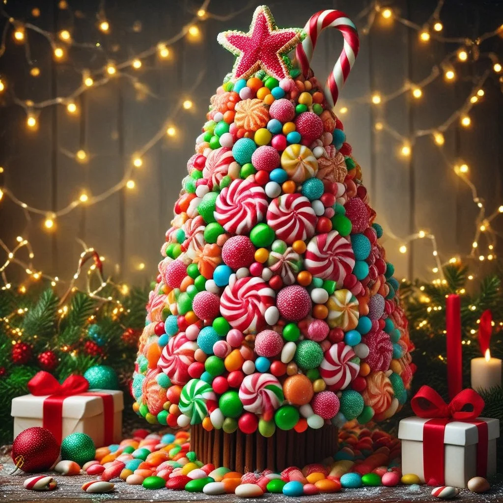 CHRC4ND7 christmas candies decorating a christmas tree, in a building, simple, beautiful colours, null, 2d art
