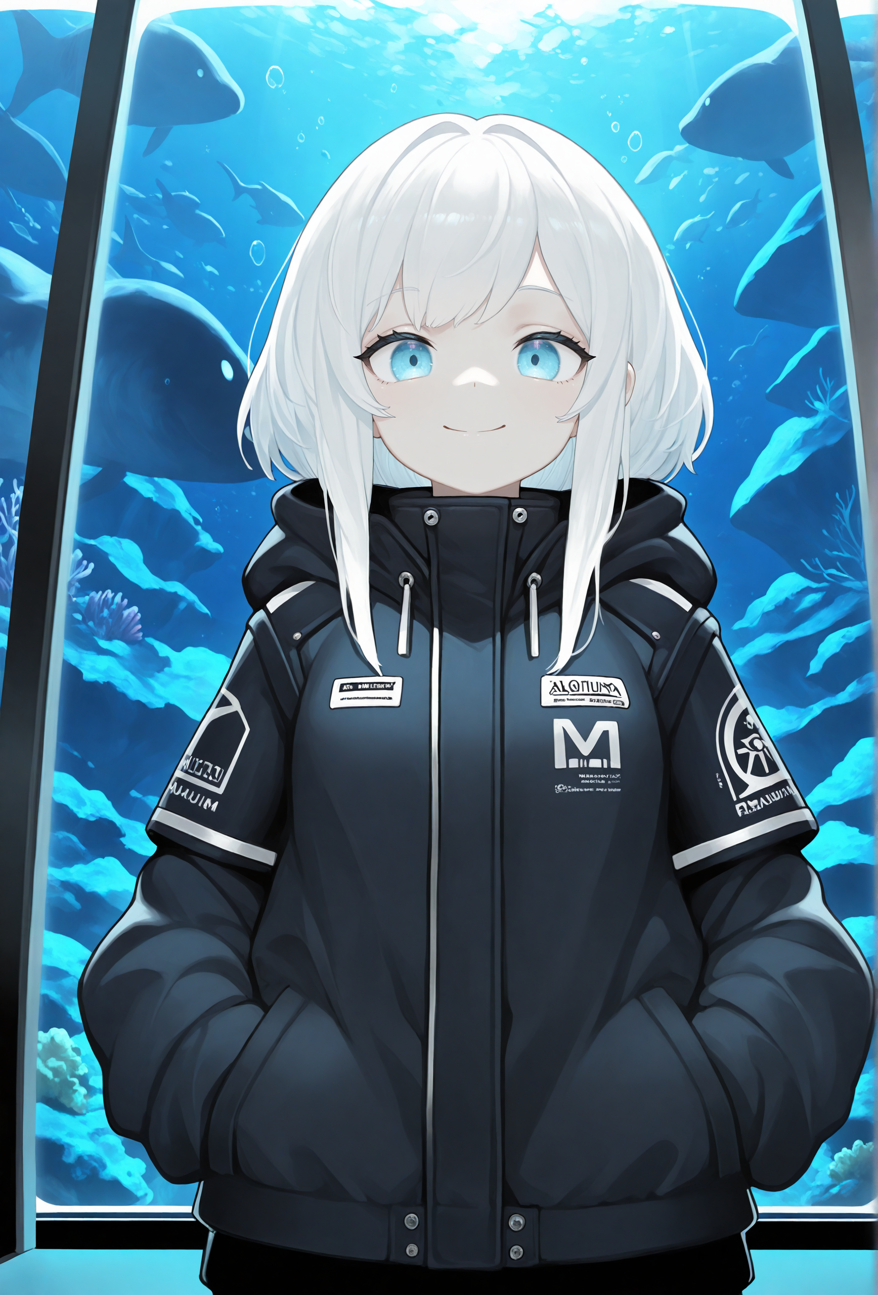 masterpiece,best quality,amazing quality, 1girl, science fiction, aquarium, (pale skin:0.5), white hair, straight-on, jacket, looking at viewer, smile, blue eyes <lora:menthak0_style_illustrious_v1f:1> mk0style