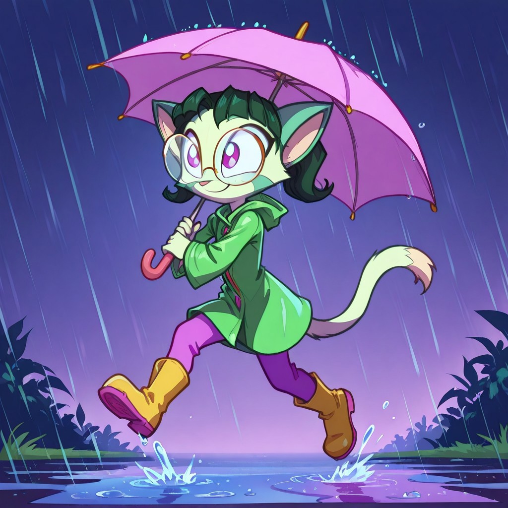 Dreamkeepers,1girl,prelude_lilith,solo,furry,tail,green hair, source_furry,glasses,magenta eyes,
child, kid, 
in a raincoat and boots jumping in puddles, holding a colorful umbrella, raincoat, boots, umbrella, jumping, puddles, rain, smile, happy, cute, big eyes, playful, outdoor, nature, cheerful, pastel colors, simple background.