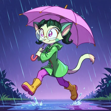 Dreamkeepers,1girl,prelude_lilith,solo,furry,tail,green hair, source_furry,glasses,magenta eyes,
child, kid,
in a raincoat and boots jumping in puddles, holding a colorful umbrella, raincoat, boots, umbrella, jumping, puddles, rain, smile, happy, cute, big eyes, playful, outdoor, nature, cheerful, pastel colors, simple background.
