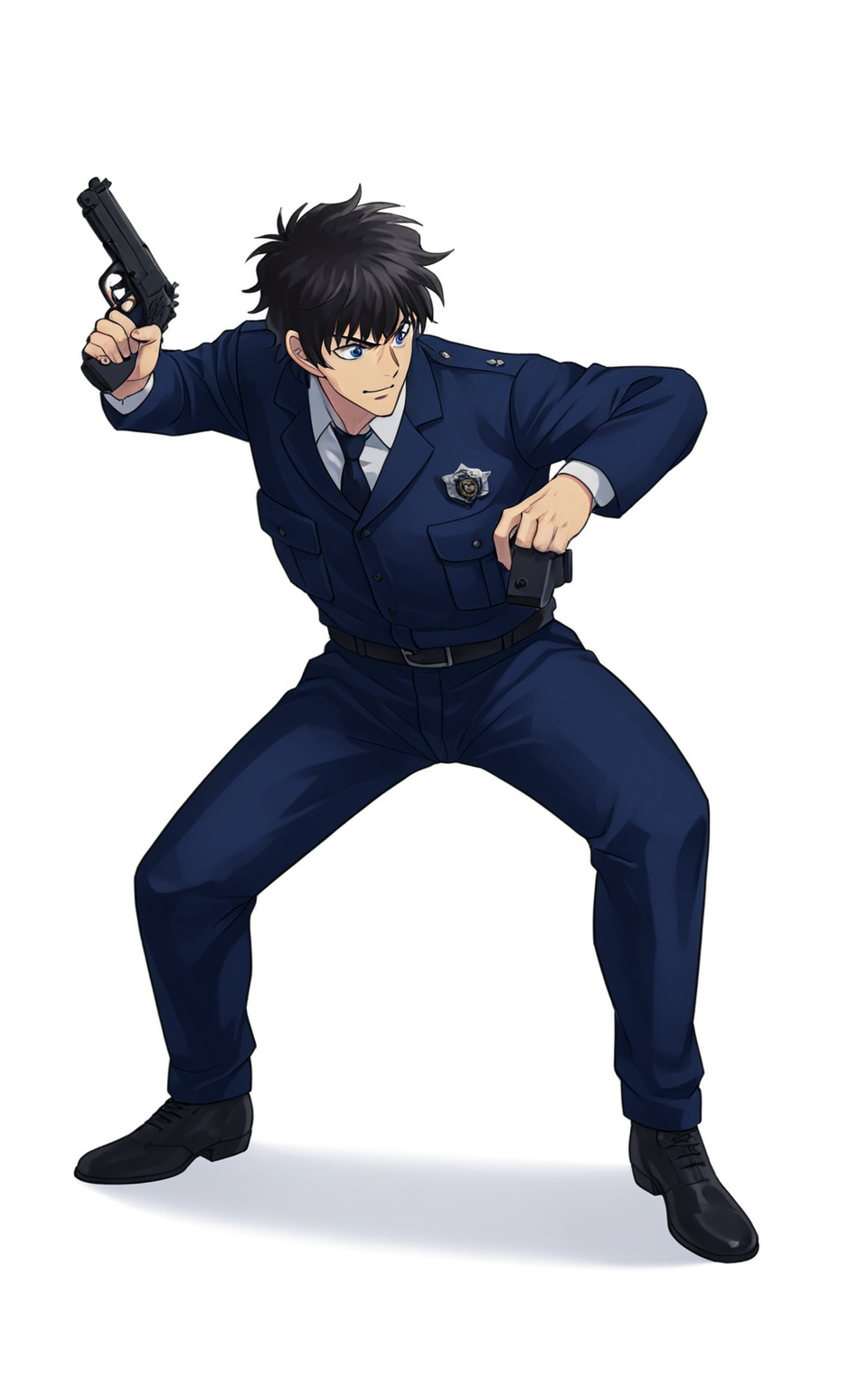 8k, best quality, masterpiece, (ultra-detailed), (high detailed skin), 
(full body:1.25), (white background:1.4), (simple background), standing, (solo:1.2), 
<lora:songping-neta-Tanger:0.8>, songping, 1boy, solo, male focus, black hair, detailed eyes, 
police uniform, 
holding weapon, handgun, aiming, holding gun, aim and shoot,