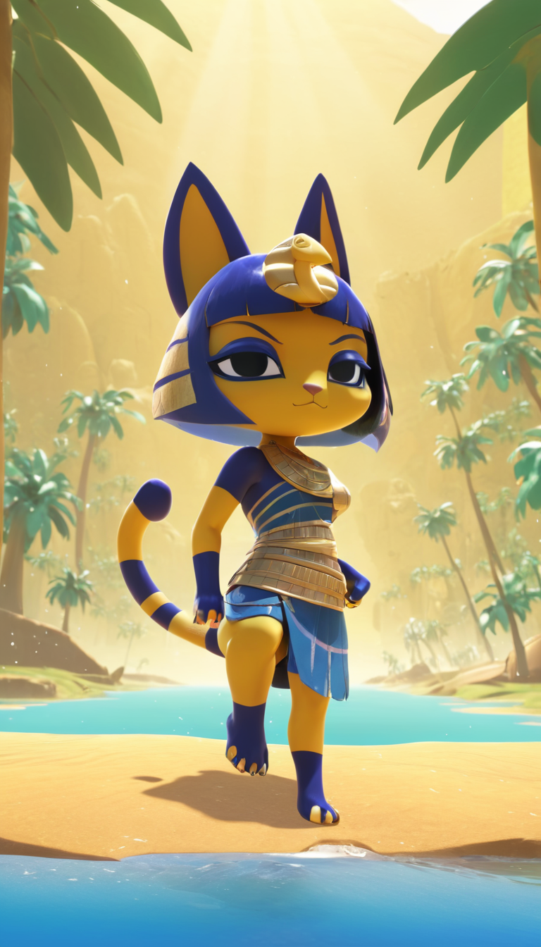 Cinematic scene, hero view, Ankha, Animal Crossing <lora:ankha_v0.0.1:1>, action pose, nature, detailed background, masterpiece, best quality, high quality, absurdres