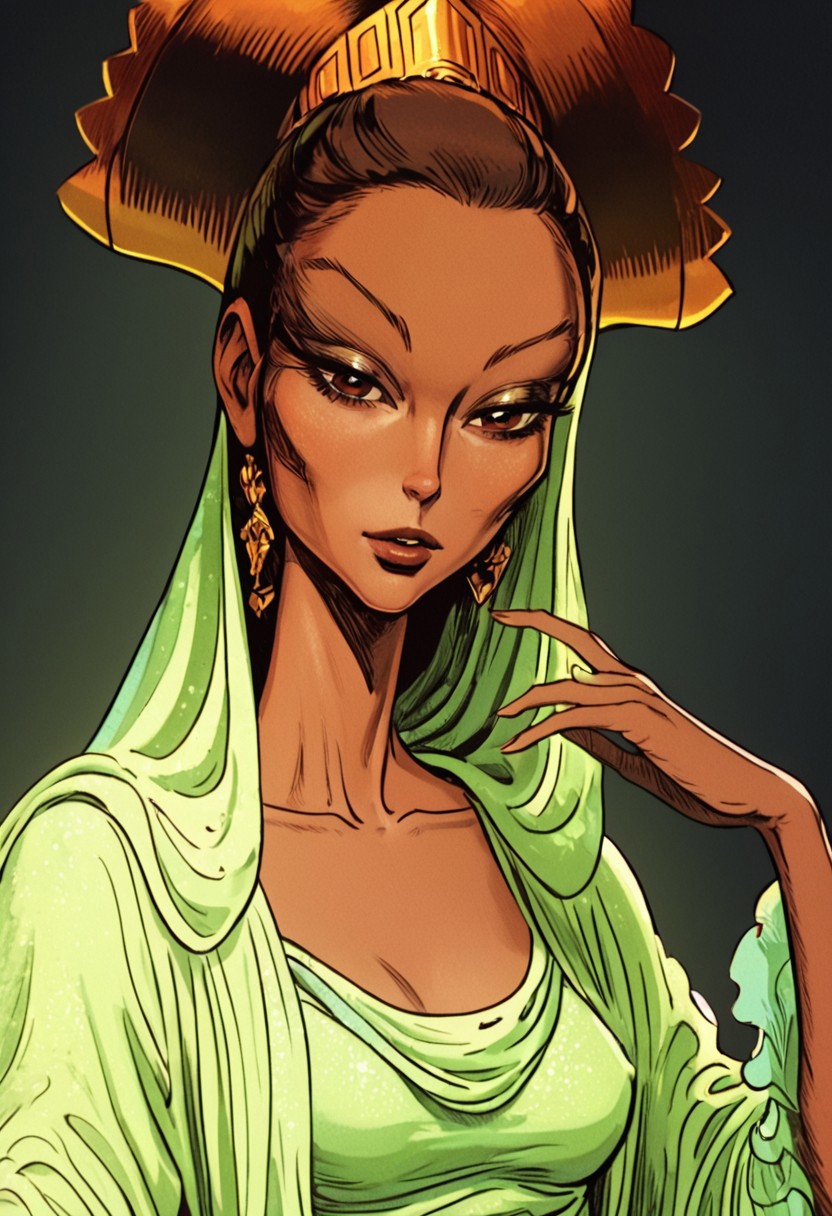 score_9, score_8_up, score_7_up, score_6_up, sinfully stylish, dramatic lighting, shadows, soft light,, Expressiveh, masterpiece, high quality, (best quality:1.1), savah, 1girl, solo, gold crown, green robe, small breasts, upper body, dutch angle, parted lips, teeth, smile, brown eyes