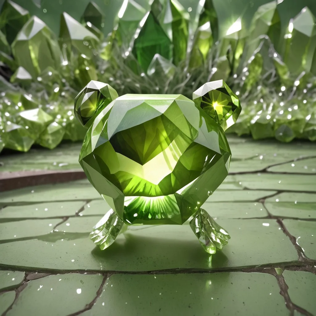 green gemstone, crystal, gem, shiny, peridot, happy frog, full body, detailed background, depth of field, subsurface scattering, ral-chrosc-clr, hud_per1d0t_wrld, green gemstone, crystal, gem, shiny