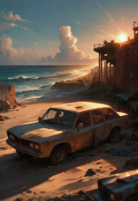 score_9, score_8_up, score_7_up BREAK scenery, post-apocalyptic, destroyed car, graffiti, side view, happyness, near beach, sunny, lens flare, depth of field, highly detailed, high contrast, film grain, Rim Lighting, <lora:CinematicStyle_v1:0.7>