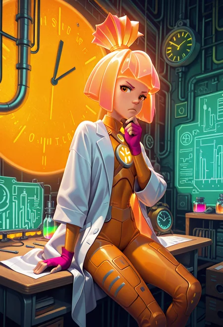 Graphic Design, color art, vibrant colors, colorful, intricate details, high contrast, detailed background, beautiful detailed, beautiful face, detailed eyes, detailed face, new, newest, 1girl, solo, s1mk4, orange hair, topknot, bob cut, orange eyes, bodysuit, fingerless glowes, orange bodysuit, lab coat, factory, lab desk, sitting, grabbing own chin, grumpy, old clock on desk, burning clock, (masterpiece, best quality, newest, recent, absurdres),