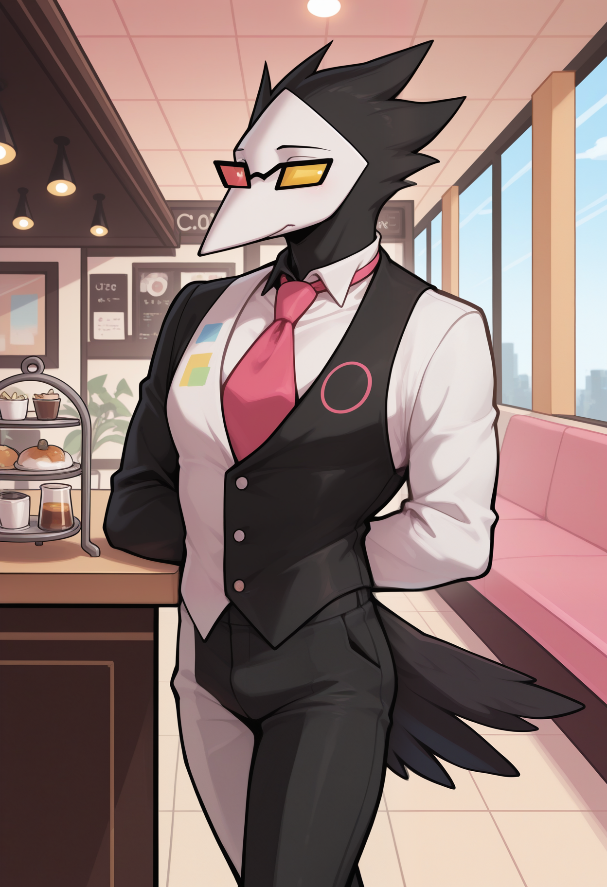 masterpiece,best quality,amazing quality, 1boy, solo, sw4tch, bird boy, mask, pink tie, heterochromatic glasses, black tailcoat, black pants, tail, welcoming,

cafe,