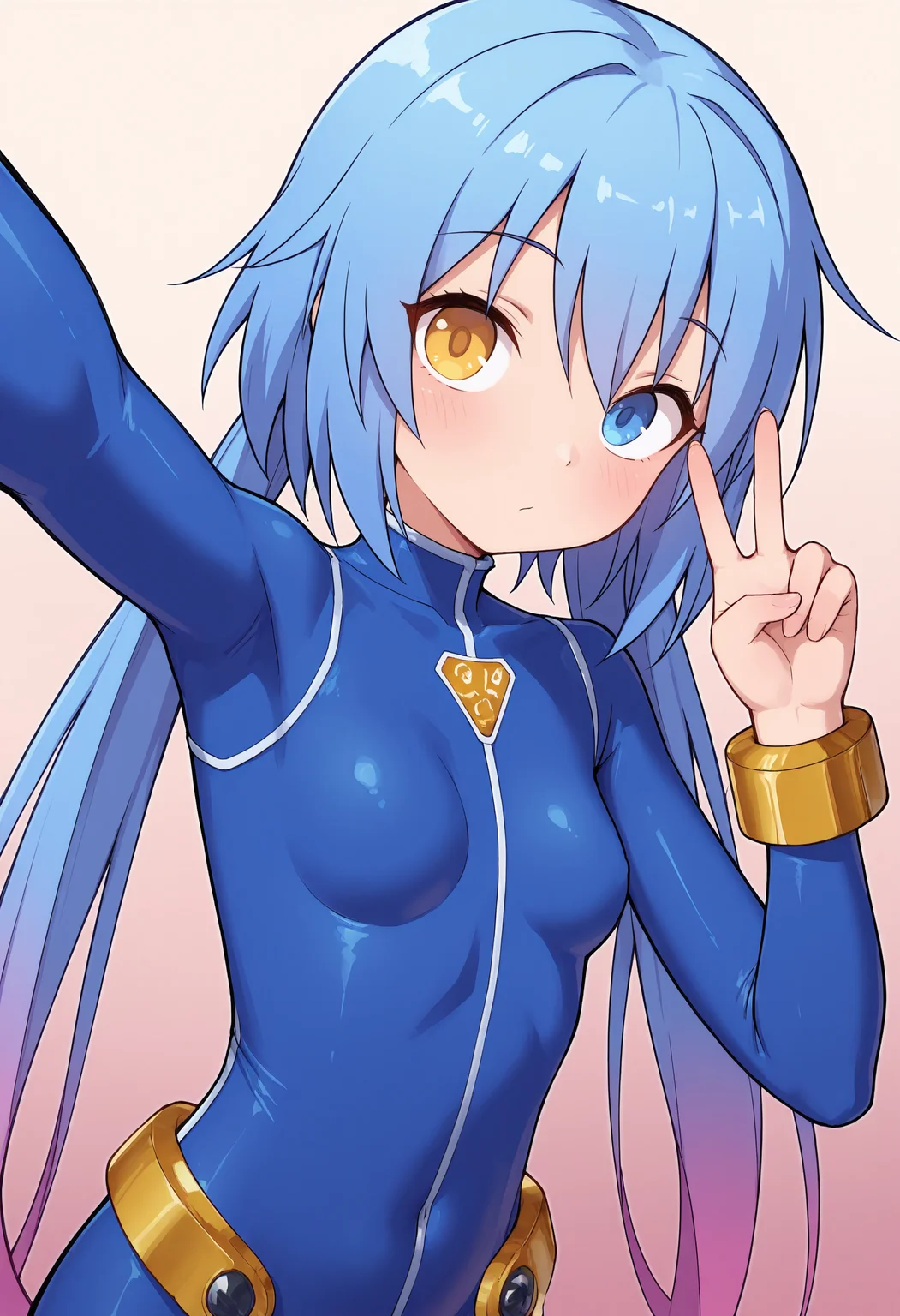 masterpiece, best quality, amazing quality, <lora:[illuXL] SPP-1 (SomeSloppyBoi):0.70> 1girl, solo, SPP-1GFL, long hair, blue hair, low twintails, pink gradient hair, blue eyes, heterochromia, yellow eye, <lora:GF-Battlegirl-V3_alt-000015:1>, blue bodysuit, gold cuffs, upper body, selfie, v,