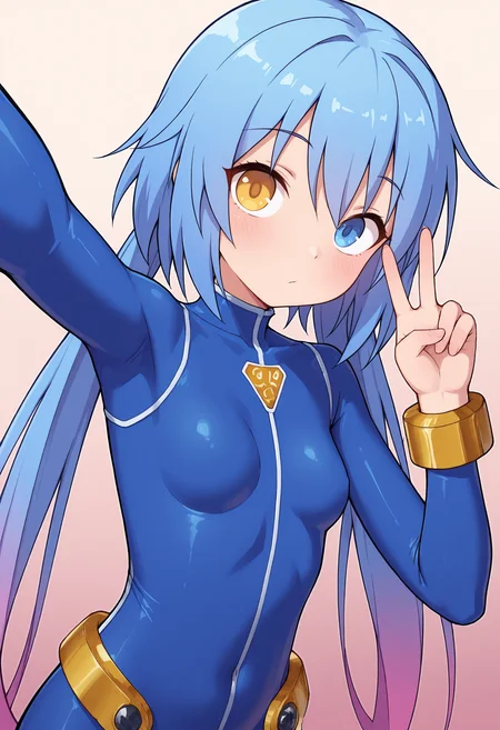 masterpiece, best quality, amazing quality, <lora:[illuXL] SPP-1 (SomeSloppyBoi):0.70> 1girl, solo, SPP-1GFL, long hair, blue hair, low twintails, pink gradient hair, blue eyes, heterochromia, yellow eye, <lora:GF-Battlegirl-V3_alt-000015:1>, blue bodysuit, gold cuffs, upper body, selfie, v,