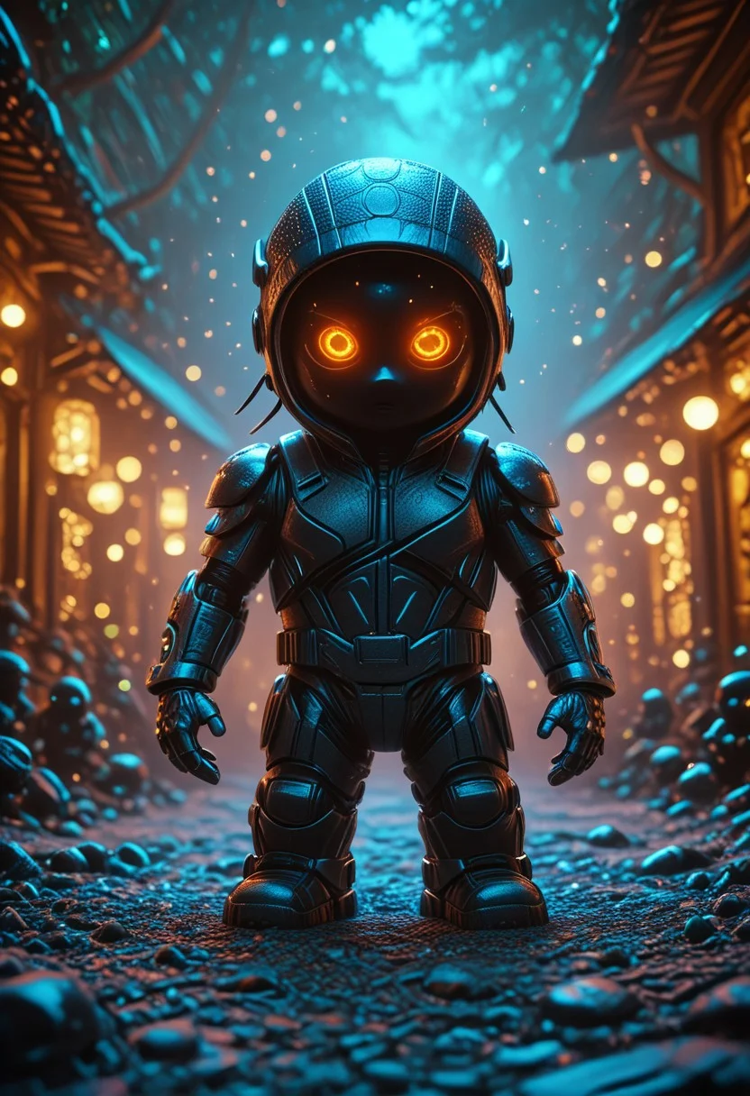 A hyperrealistic 35mm photo of a ninja, bokeh, from_side, depth of field, simple background, masterpiece, absurdres, vibrant,  creepy miniworld setting, dynamic angle, dynamic pose, dramatic light, highly detailed, high resolution textures, ultra high resolution, futuristic, biomech vibes, mobe-cybideen,