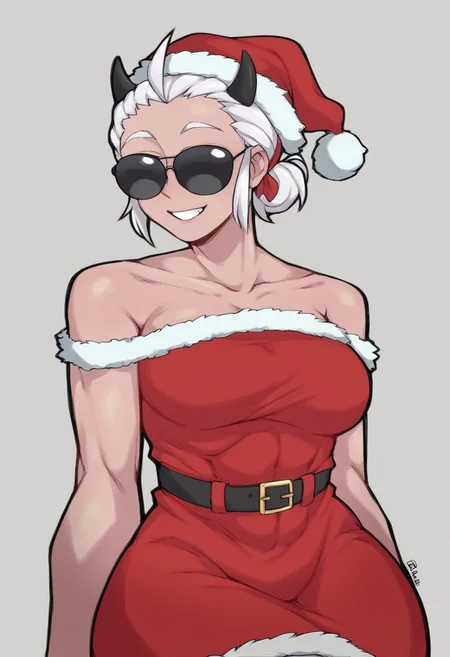 justicedef, white hair, short hair, demon horns, score_9, score_8_up, muscular, medium breasts, smile, santa hat, santa_dress, sunglasses, bedroom background, solo