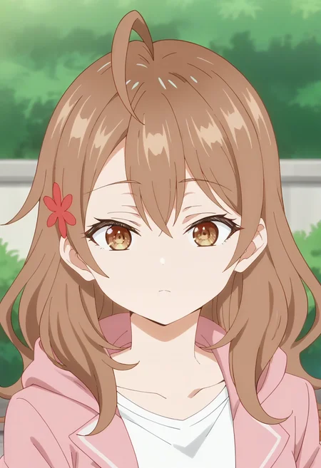 Maria Mikhailovna, 1girl, solo, brown hair, ahoge, brown eyes, long hair, hair between eyes, hair ornament,hair flower, pink hoodie, white shirt, jacket, looking at viewer<lora:Maria Mikhailovna-000013:0.9>, score_9, score_7_up,anime coloring ,source_anime, anime, anime screencap