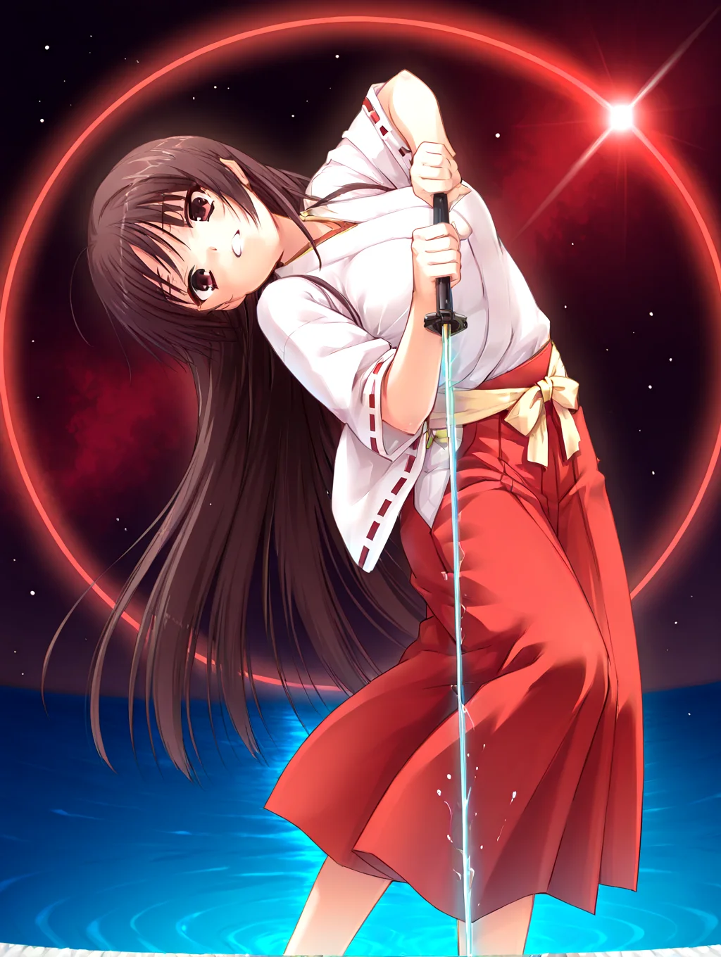 <lora:outfit2-sakuyahime-tenshin-000009:1>,il-unohana-sakuya,1girl,ukami outfit,solo,japanese clothes,brown hair,very long hair,yellow bow on waist,ribbon-trimmed sleeves,miko,pink wide shoulder strap out layer,white outer  long under layer,elegant white gown with a trailing hem,red layer skirt inner,
<lora:add-detail-xl:1>,<lora:ponyv4_noob1_2_adamW-000017:0.8>,wear clothes,<lora:mumyousakanagareillv1.1:1>,mumyou-sakanagare,leaning back,leaning to the side,holding sword,
water ripple,black space,