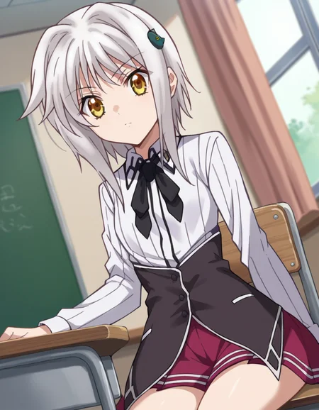 score_9, score_8_up, score_7_up, source_anime,
konekotoujou, <lora:koneko-toujou-ponyxl-lora-nochekaiser:1>,
koneko toujou, short hair, hair ornament, yellow eyes, white hair,
skirt, school uniform, shirt, white shirt, collared shirt, neckerchief, black neckerchief, long sleeves, red skirt,
indoors, classroom, sitting, desk, chair,
looking at viewer, dutch angle, cowboy shot,