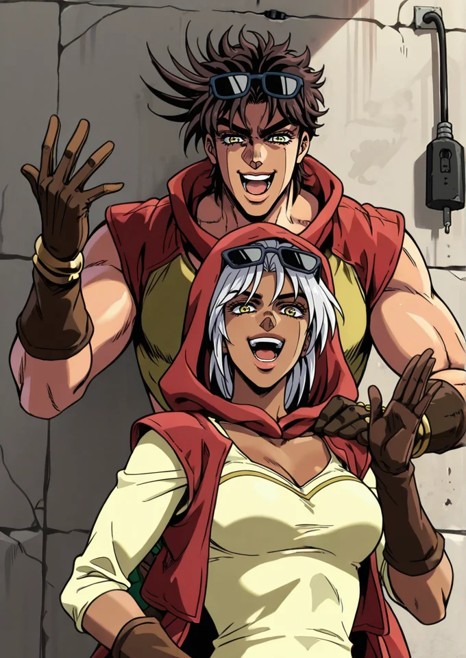 (jojo:1.2), 1male, joseph joestar, black brown hair, casual \(joseph joestar\), break, upper body, 1girl, M4r1ah, mariah, white hair, sunglasses on head, yellow eyes, laughing, tanned skin, gloves, raised hand, red cloak, yellow top, a wall with a power plug <lora:Mariah_-_IL:0.6>,
