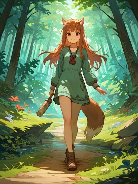 PDXL, <lora:HoloV1:1>, h0l0, holo \(spice and wolf\), 1girl, cute face, detailed eyes,
walking through a forest