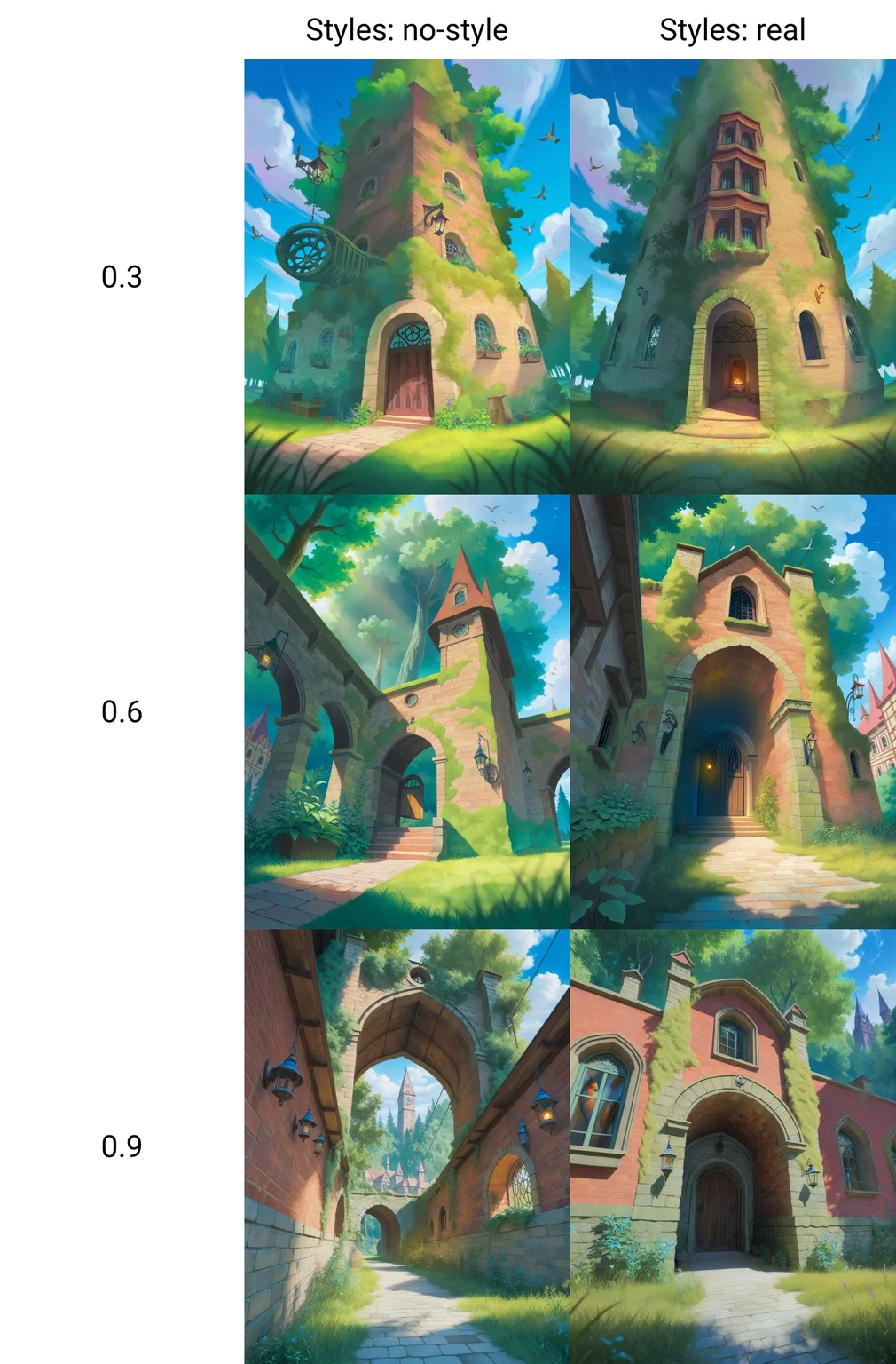 <lora:semireal:0.3>, usnr, masterpiece, best quality, amazing quality, very aesthetic, very awa, absurdres, extremely detailed, (depth of field), (foreshortening), vibrant colors, landscape, watercolor painting \(medium\), traditional media, from below, from front, perspective, fisheye view, scenery focus, wide shot, arch, bird resting on brick wall, birds looking for food, shadow corner, brick castle, hanging lantern, summer, plant focus, building, cityscape, cloud, day, forest, grass, medieval, moss, nature, outdoors, overgrown, scenery main, sky, tower, town, tree, bright colors, wild grass on brick pavement, green plants on brick wall, masterpiece, best quality, absurdres, highres, underground tech bazaar, Double Exposure shot, Industrial loft, exposed bulbs, sharp shadows, (fantasy, medieval, magic, steampunk, magicpunk)