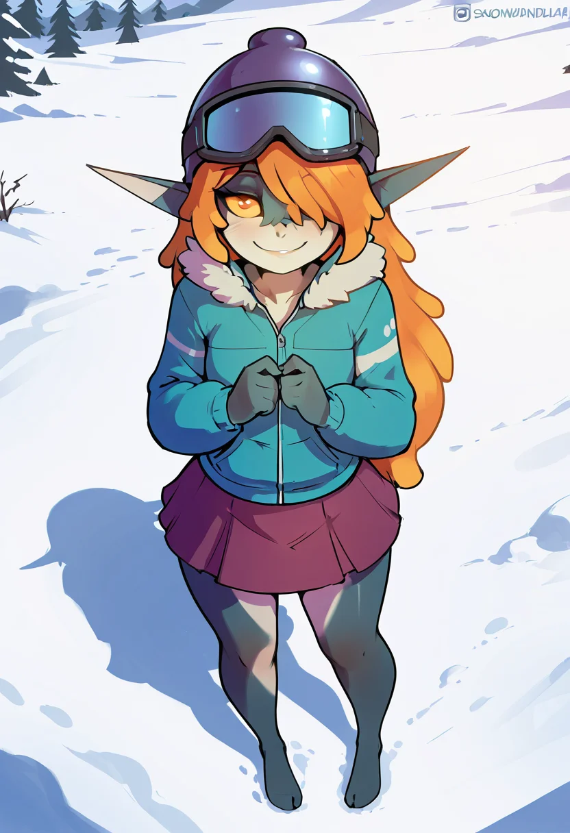 masterpiece, best quality, 1girl, solo,   zzMidnaB,   colored skin, pointy ears, orange hair, helmet, multicolored skin, two-tone skin, yellow sclera, one eye covered, shortstack, petite, short body, skinny, cute girl, pretty girl, innocent girl, snowbunnies, ski resort mountaintop, instagram model, fur trim, jacket, next to snowboard, ski goggles on head, detailed face, perfect makeup, long eyelashes, skirt, fit body, smile, shy, looking at viewer, high angle, <lora:snowbunnies:0.8>,  ,<lora:MidnaBiggcuties:1.0>,