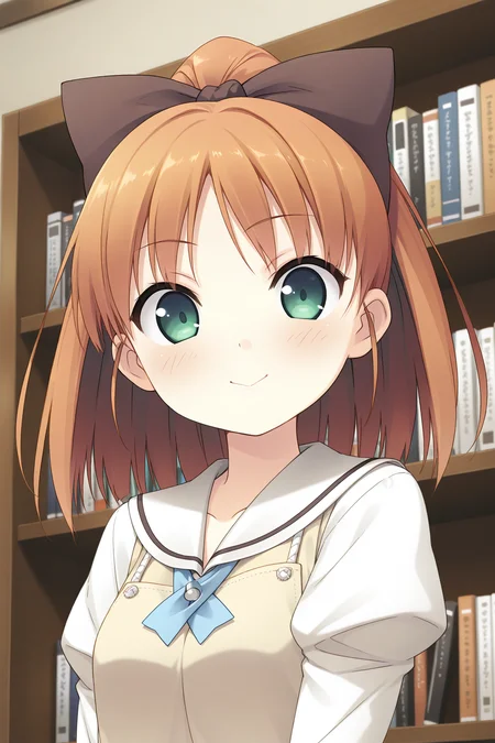 masterpiece, best quality, absurdres, official art, official style, rating general BREAK <lora:minagawayuuhi_IL_v1-1:0.7>, minagawa yuuhi, 1girl, solo, open mouth, green eyes, brown hair, orange hair, short hair, high ponytail, wide ponytail, hair bow, black bow, large bow, medium breasts, small breasts, school uniform, serafuku, white sailor collar, yellow sweater vest, white shirt, juliet sleeves, sleeves past wrists, yellow apron, upper body, indoors, close-up, bookshelf, book,
blush, :>, (>:), c:, closed mouth, looking at viewer, proud, smile