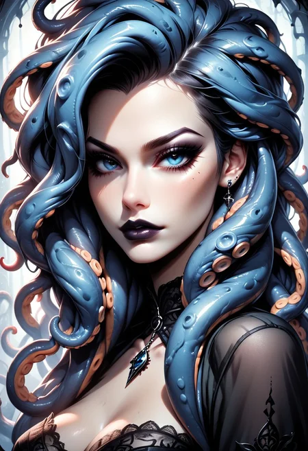 score_9, score_8_up, score_7_up, score_6_up, score_5_up, score_4_up, 1girl, Goth girl, gothicstyle, playing with hair, goth makeup, beautiful eyes, (((tentacle hair))) high contrast, vivid lighting, BREAK, sapphire blue eyes, touching hair, portrait