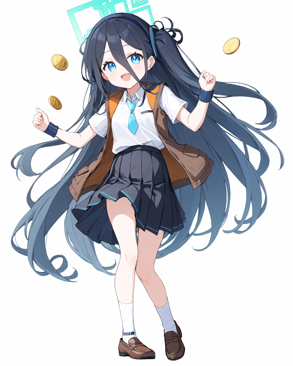arisu \(blue archive\),1girl, solo, white_shirt, white_background, full_body, pleated_skirt, open_mouth, halo, collared_shirt, one_side_up, brown_vest, looking_at_viewer, tokiwadai_school_uniform, black_hairband, loose_socks, brown_footwear, brown_sweater_vest, simple_background, short_sleeves, loafers, :d, white_socks, shorts_under_skirt, black_skirt, white_pupils, coin
<lora:arisu_(blue_archive)_image2965_2023-11-25:1>halo. gorgeous,key visual, vibrant, studio anime,award-winning, professional, highly detailed,high budget, cinemascope