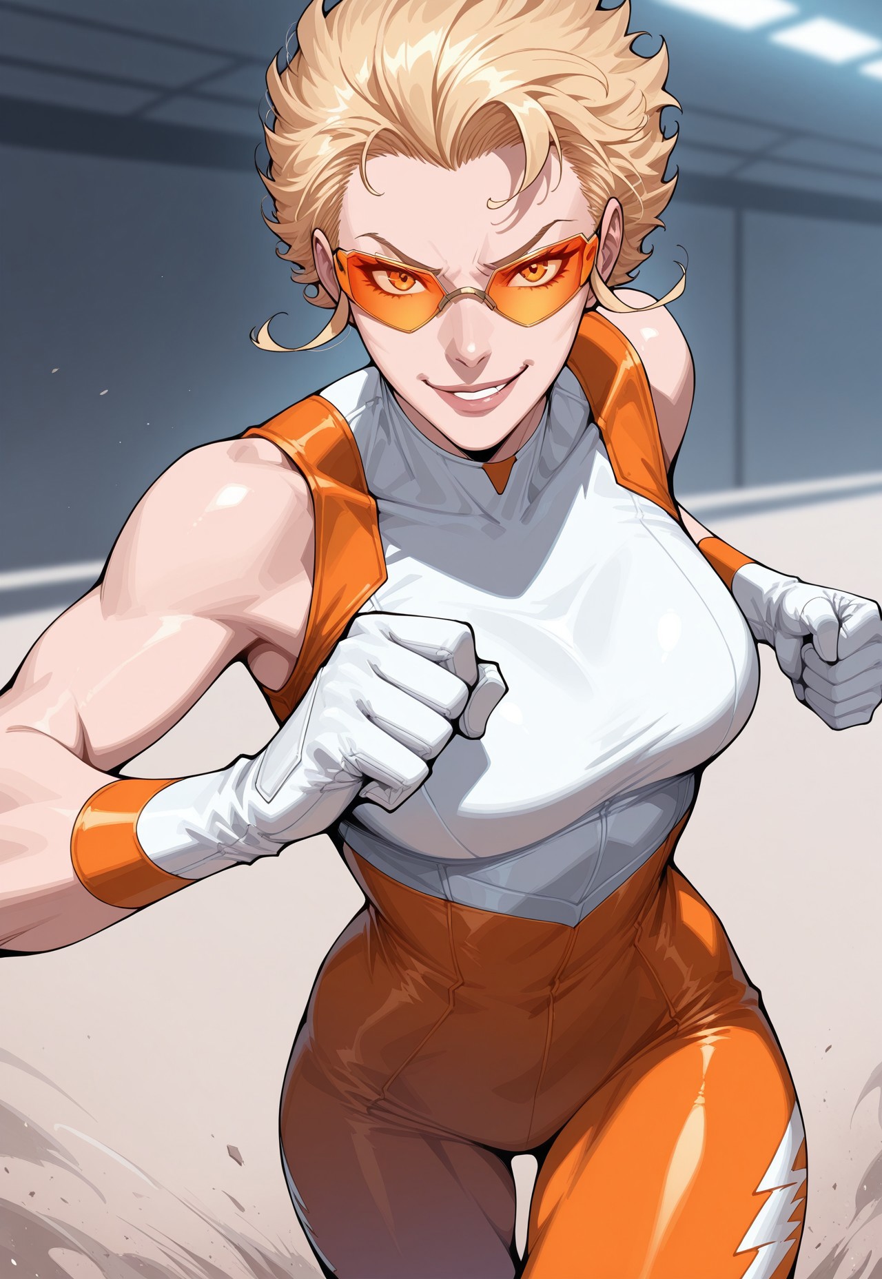 masterpiece, best quality, detailed, realistic, cowboy shot, smirk, 1girl, solo, outruninv, short hair, blonde, bodysuit, sleeveless, white gloves, orange-tinted eyewear, running,
