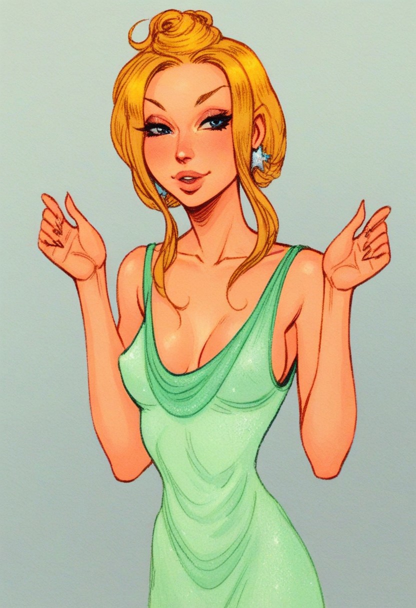 score_9, score_8_up, score_7_up, best qualoty, masterpiece, Newstar, 1girl, solo, green dress, 18 years old, sexy body
