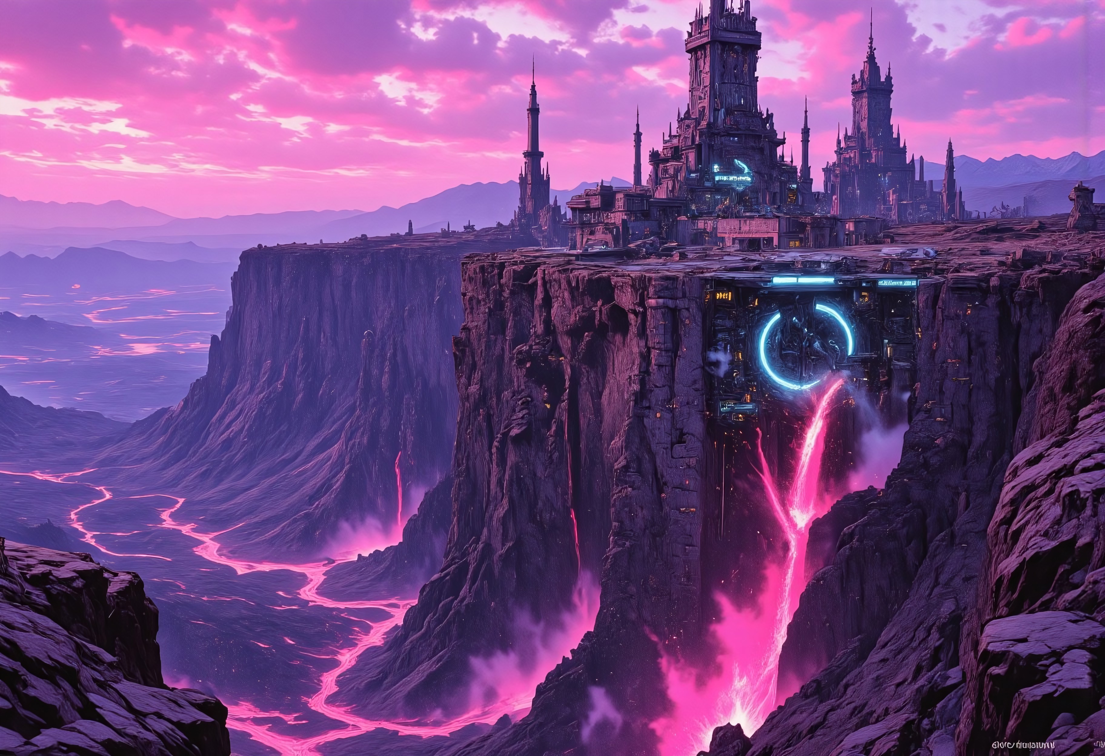 OBxiaoxiang, CAICO, inksketch purple and gray theme, Abstract digital painting in the style of ck-js, detailed photorealistic image, a sci-fi Miningstation of colossal buildings and towers in a barren lavender lush landscape, looking like an Mining Outpost perched at the Cliff, a smelter attached to the structures, of a volcanic cliff, its sleek towers a stark contrast to the cliffs surrounding it. The planet’s sun casts a vivid, cyan surreal light across the station, while deep fissures reveal glowing rivers of molten pink lava far below. The sky is a surreal shade of black and purple, dark glowing diodes and lights ((dark glowing diodes, lights and neon signs), Firestorm Inc. written on the neon signs), attached to the building is a landing field with 3  Spaceships landed on it, Dragonkin like creatures are around fixing some spaceships, two moons hanging low in the horizon, each reflecting light off the surface, large depth of field. The sky is a dark pink, with 2 broken moons hanging low in the horizon <lora:more_details>
realistic, detailed background, shaded, detailed, hi res, realistic, photography \(artwork\), (by kenket), by ross tran, by michael & inessa garmash, by pino daeni, by isvoc, by kiguri, by alena aenami, by ruan jia, (by zenthetiger, by wolfy-nail), by Enki Bilal, by drmax, photorealism, <lora:add_detail:1.3